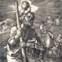 etching of St Christopher carrying the Christ Child over a flooded river