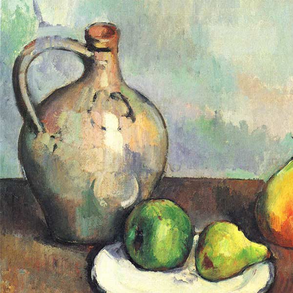 a painting of a jar and pears