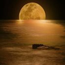 A golden full moon rising over dark water and silhouetting rocks jutting out of the water.