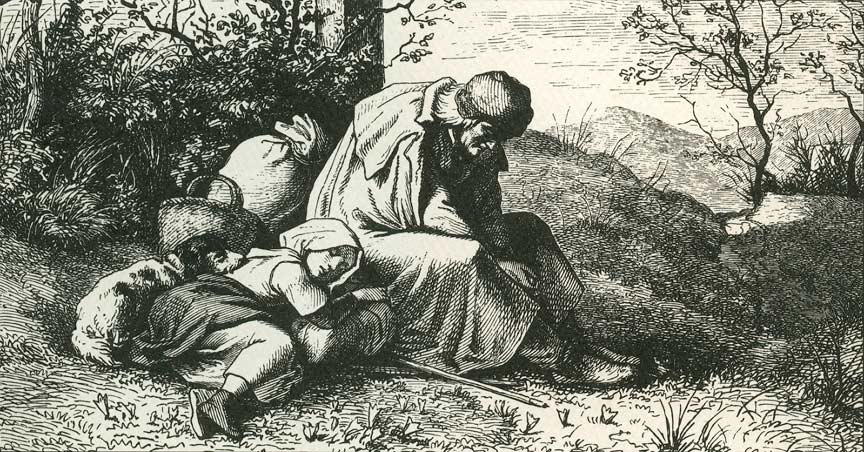 An engraving of Jakob and Katharina Hutter while fleeing their persecutors.