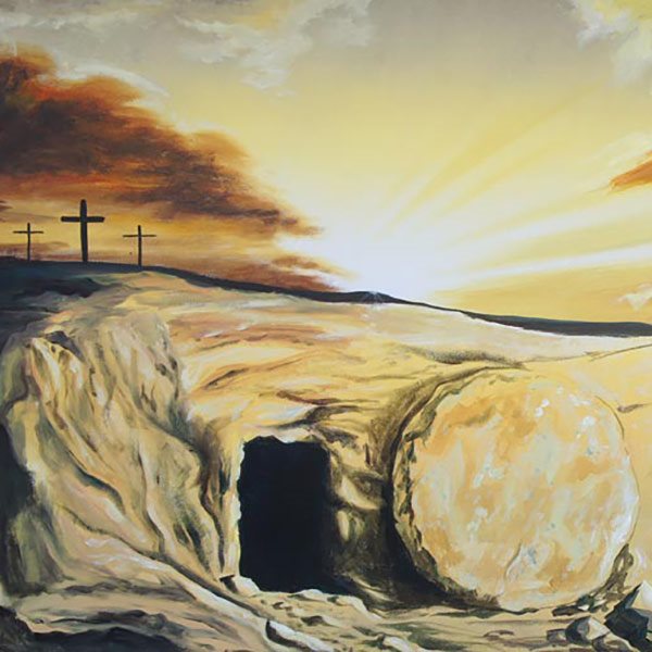 Detail from a painting by Miriam Fransham depicting the crosses and the empty tomb against the backdrop of an Easter sunrise
