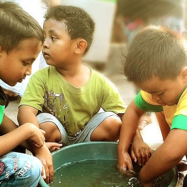 four small boys playing with a bucket of water