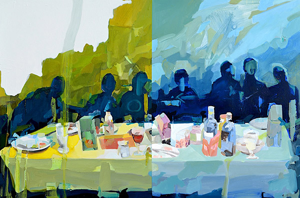 painting of people talking around a dinner table