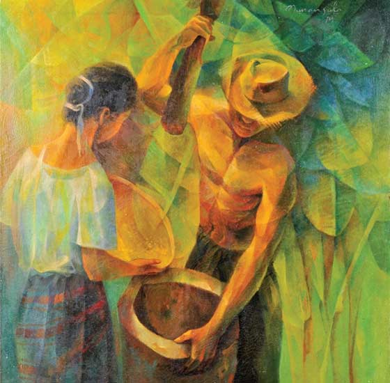 With hues of blue, green, yellow and orange, and in the cubist style, Manansala depicts a man and woman pounding rice.