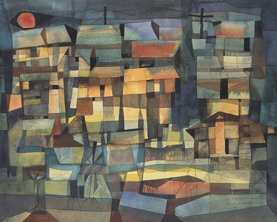 A cubist expression of community, depicting houses and a red sun.
