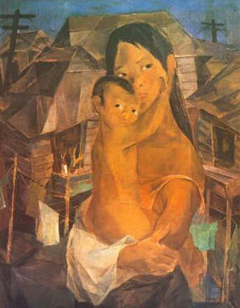 Against a backdrop of shacks and telephone wires, Manansala depicts a poor mother and child.