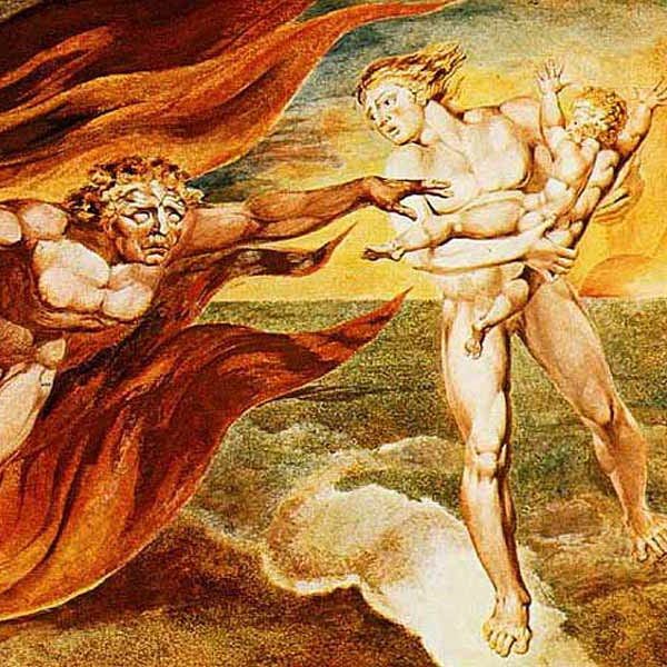 Detail from William Blake&rsquo;s painting, The Good and Evil Angels
