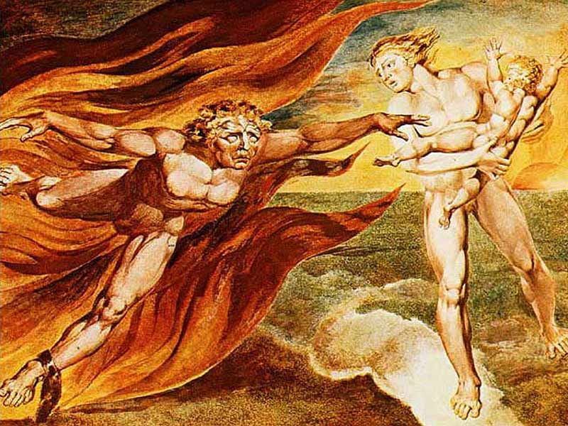 Painting by William Blake entitled The Good and Evil Angels, showing a good angel, in white, protecting a child from an evil angel in red.