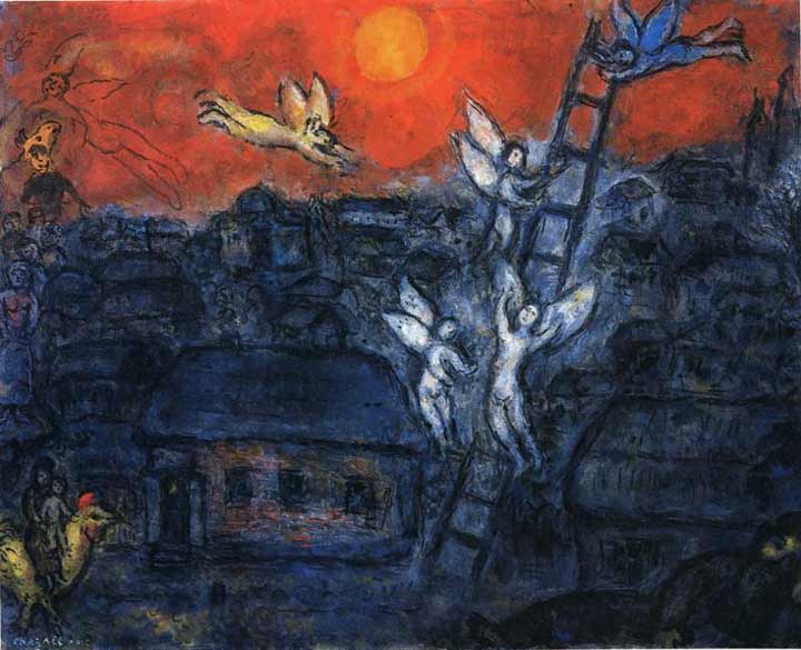 Marc Chagall's depiction of Jacob's Ladder, with a blue and red background, a red sun, and angels in white on a black ladder.