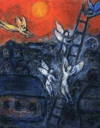 Detail from Marc Chagall's depiction of Jacob's Ladder, with angels in white on a dark ladder.