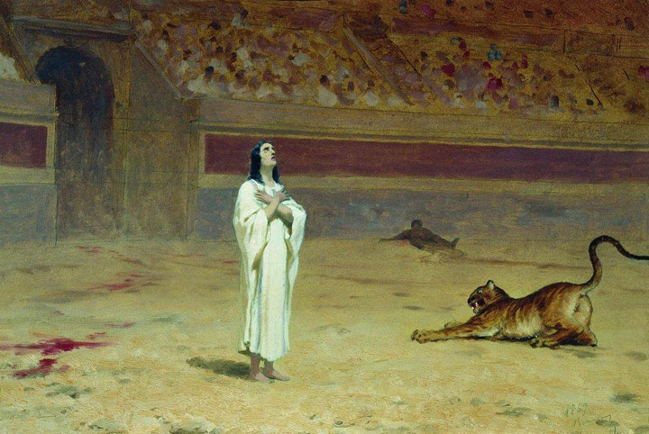 Fyodor Bronnikov's depiction of an Early Christian martyr in a stadium, looking upward with arms crossed as a vicious leopard approaches.