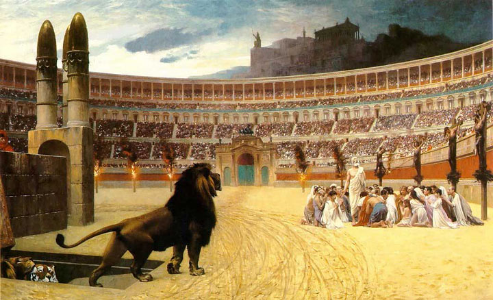 Jean Leon Gerome's depiction of a group of Early Christians praying in the coliseum as a lion approaches from the right.