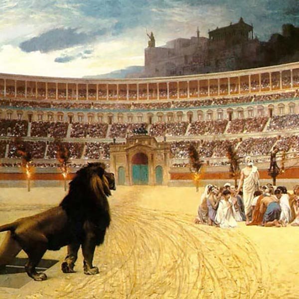 A group of Early Christians praying in the coliseum before facing the wild beasts.