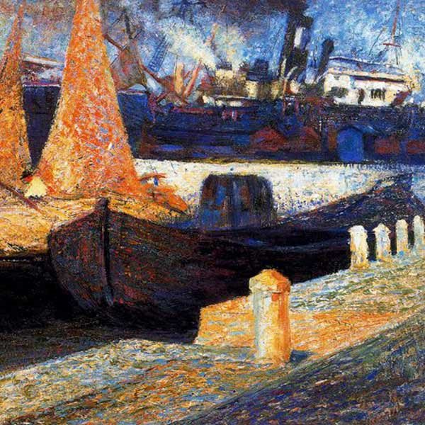 painting of boats in harbor