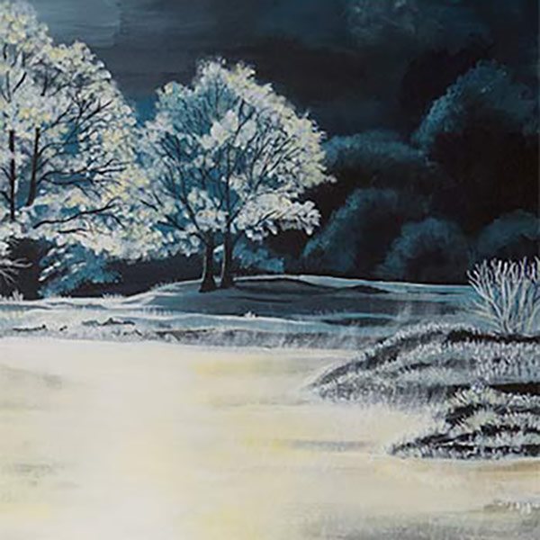 painting of trees by icy pond