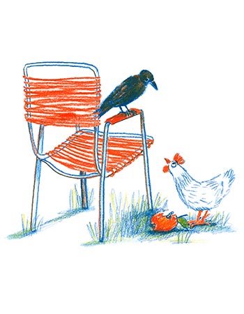a crow on an empty chair, and a chicken on the ground