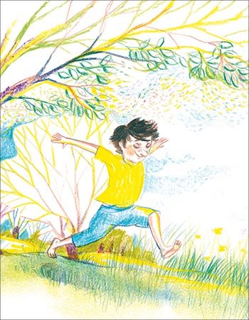 a little boy running through the grass