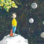 illustration of a boy looking at moons