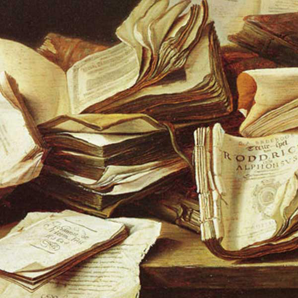 Books stacked on a shelf
