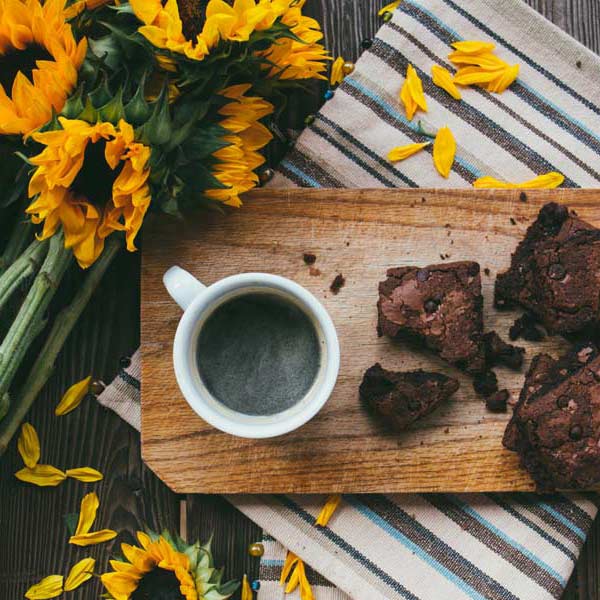 brownies, coffee and sunflowers
