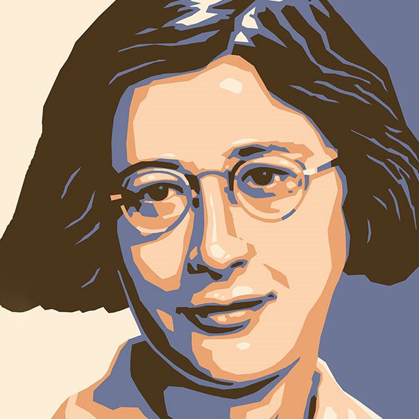 lilac and cream stylized portrait of Simone Weil