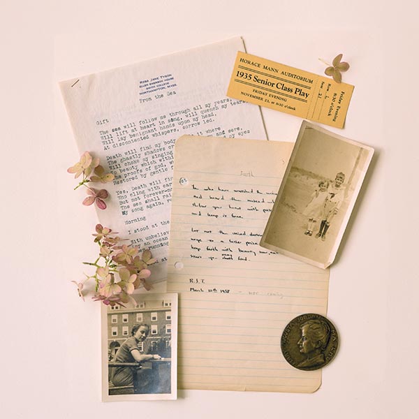flatlay collage of handwritten and typed poems, an old photo, and hydrangea flowers