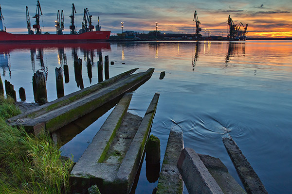 Archangelsk cargo port at sunset