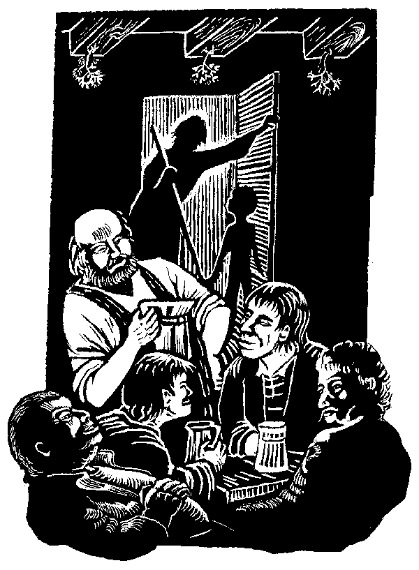 black and white illustration of men drinking beer at an inn