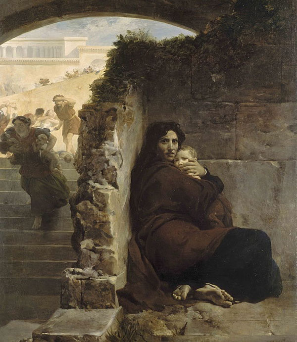 a woman hiding her baby boy behind a stone wall