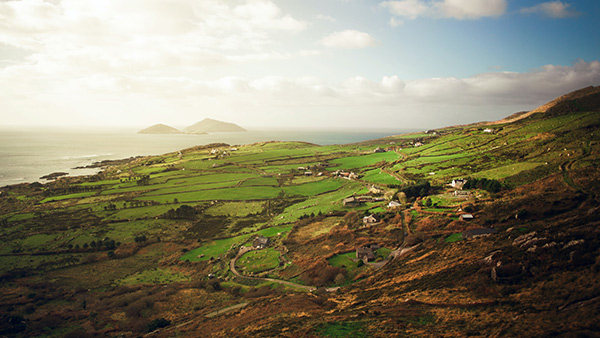 Irish countryside with rolling hills and farms