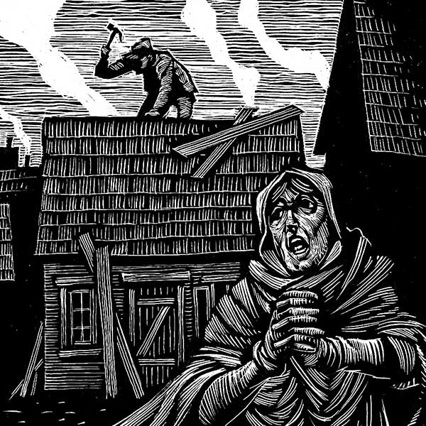 black and white illustration of a woman clasping her hands