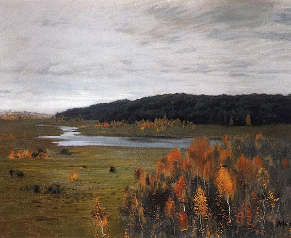 painting of a river flowing through a valley in Autumn