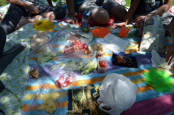 Picnic food spread out on a tablecloth