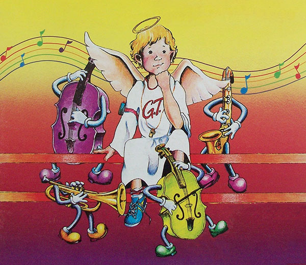 an illustration of an angel surrounded by musical instruments
