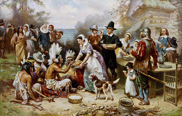 a painting of the first Thanksgiving by Jean Leon Gerome Ferris