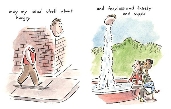 an illustration of a man walking by a brick building and a couple sitting near a park fountain