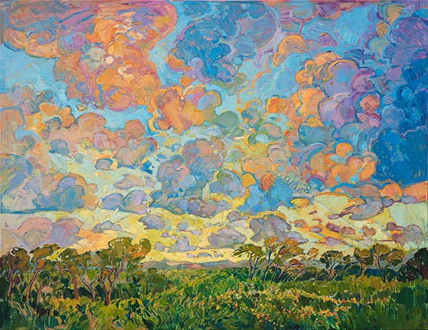 an oil painting of pink and blue clouds over a verdant green landscape