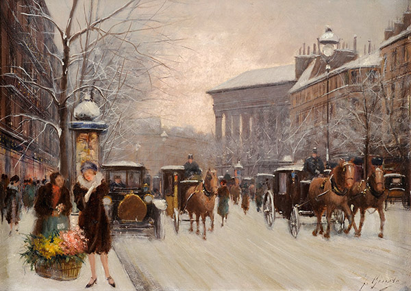 a painting of a snow covered street in Paris