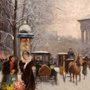 two horses pulling a carriage on a snowy city street