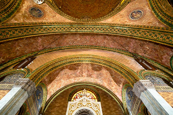 green and golden tiles on a cathedral ceiling: Photograph courtesy of Emil Adiels