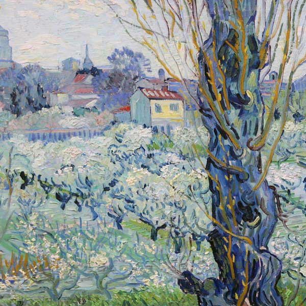 detail of orchard in spring painting by Van Gogh