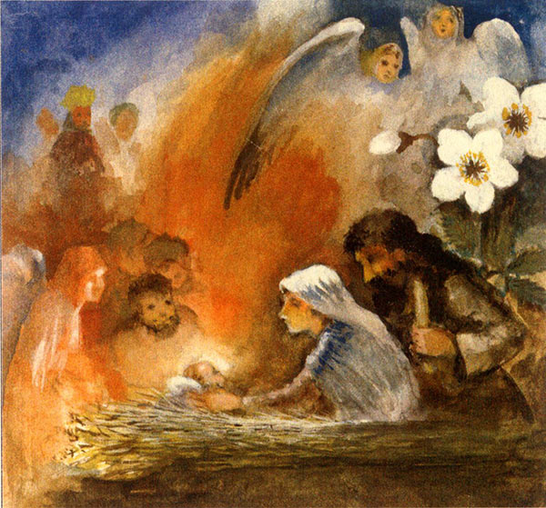 Pintura del Nacimiento con flores blancas