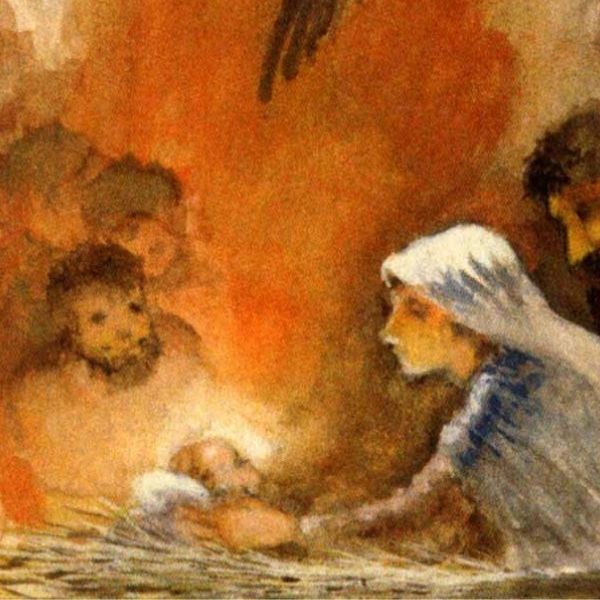 Painting of the nativity in warm colors with Christmas Rose