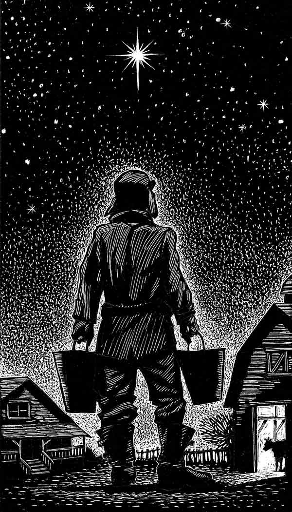 black and white linoleum cut of a boy carrying two buckets and looking at a star