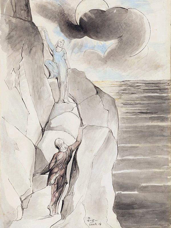 watercolor painting of a man climbing a mountain