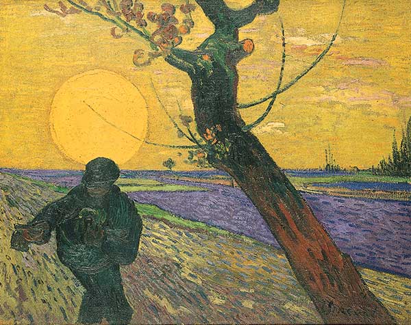 Van Gogh painting of a sower in the sunset