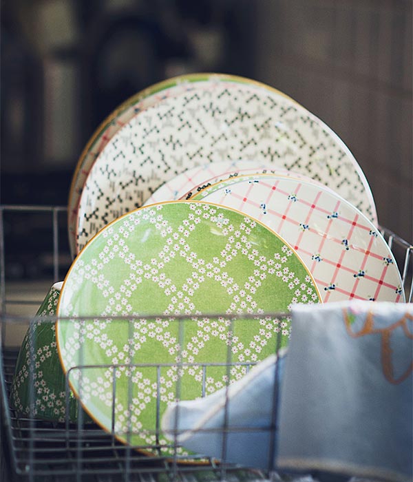 colorful plates in a dish drainer