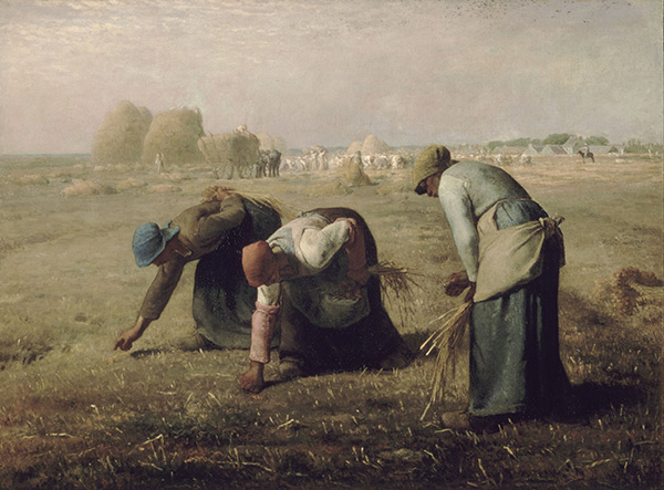 a painting of three women gleaning in a field during harvest