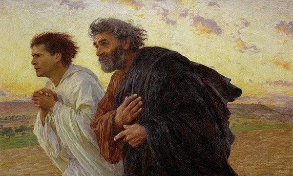 painting of the disciples Peter and John running under a golden dawn sky