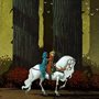 illustration of two boys riding a white horse in a dark forest